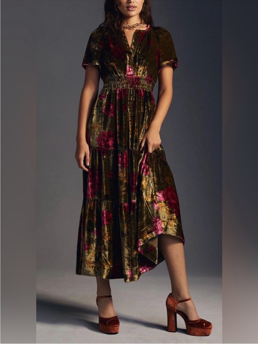 Anthropologie Olive Velvet Maxi Dress with Pink Floral